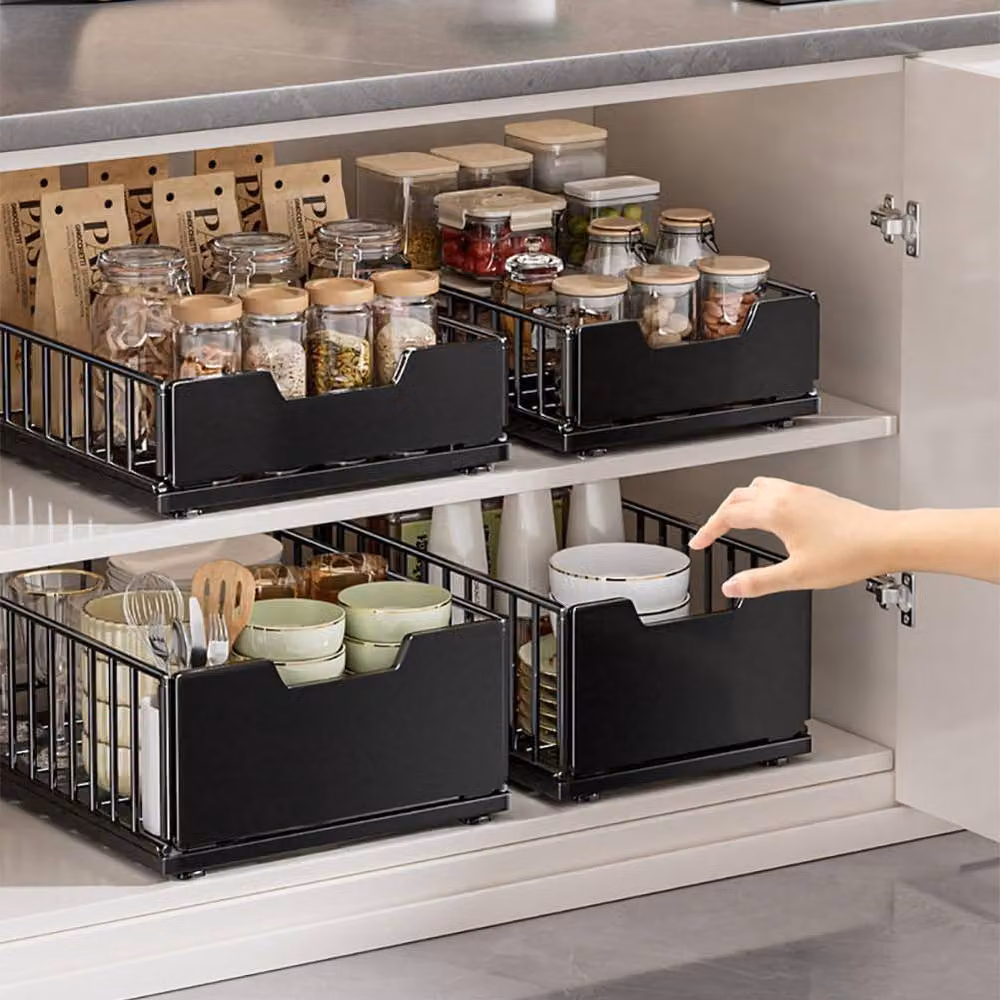 London Boutique Adjustable Metal Pull Out Kitchen Drawer Organizer Basket, Black – 2