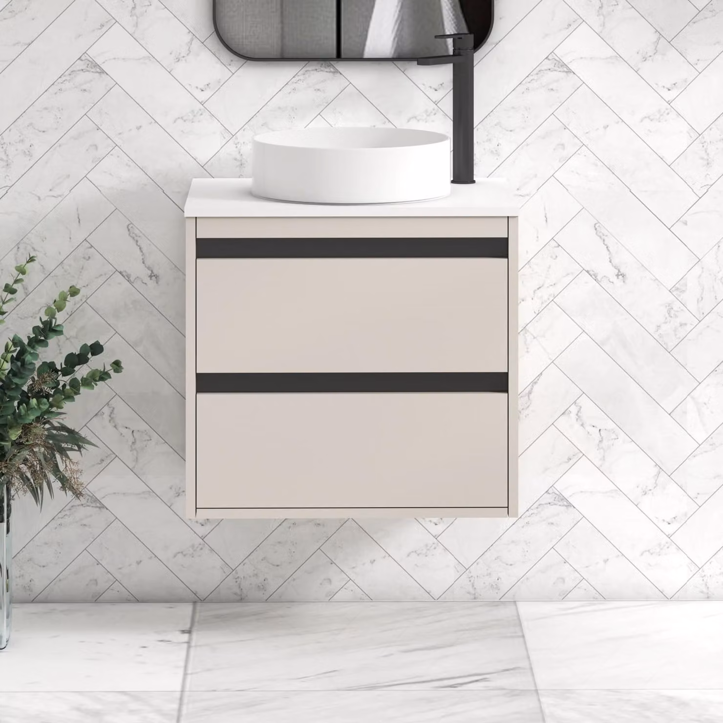 Royal Bathrooms Orion 600mm Warm Taupe Wall Hung Vanity Unit with 2 Drawers, White Art Basin and Black Accent Trim
