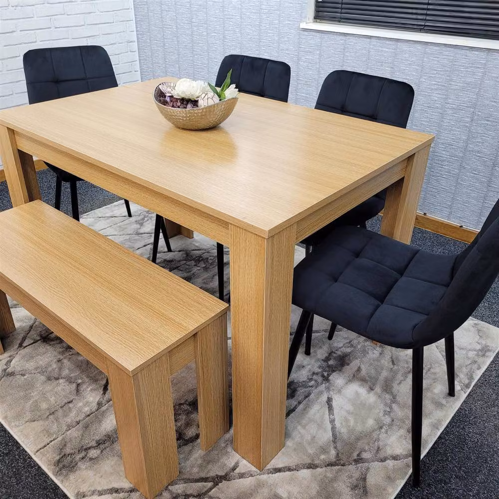 KOSY KOALA 6 Seater Modern Dining Table Set with 4 Black Velvet Chairs and Bench in Brown and Black – 3