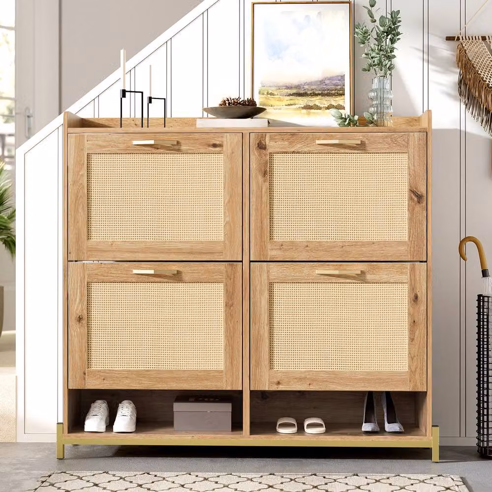 BTM Wooden Shoe Cabinet with Rattan Doors and Metal Frame in Natural Brown and Beige – 2