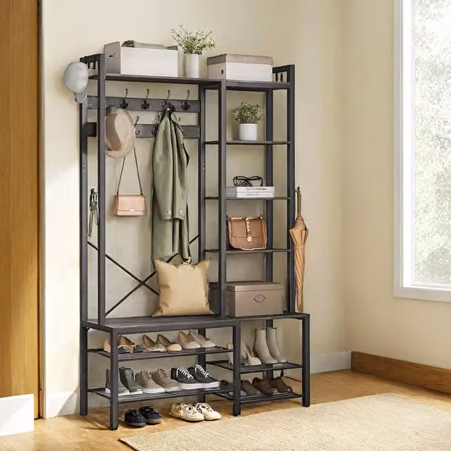 VASAGLE Industrial Hall Tree with Bench and Coat Stand in Black