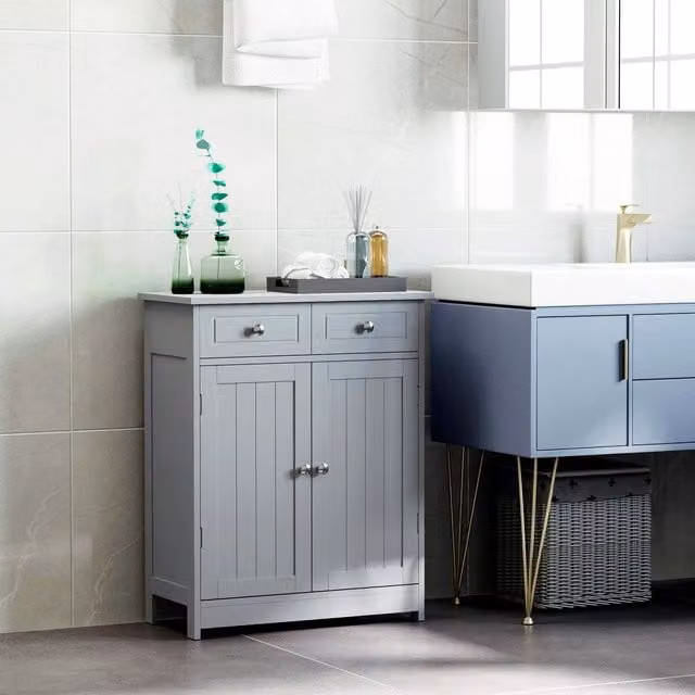 Kleankin Grey Freestanding Bathroom Floor Storage Cabinet with 2 Drawers and Hinged Doors – 1