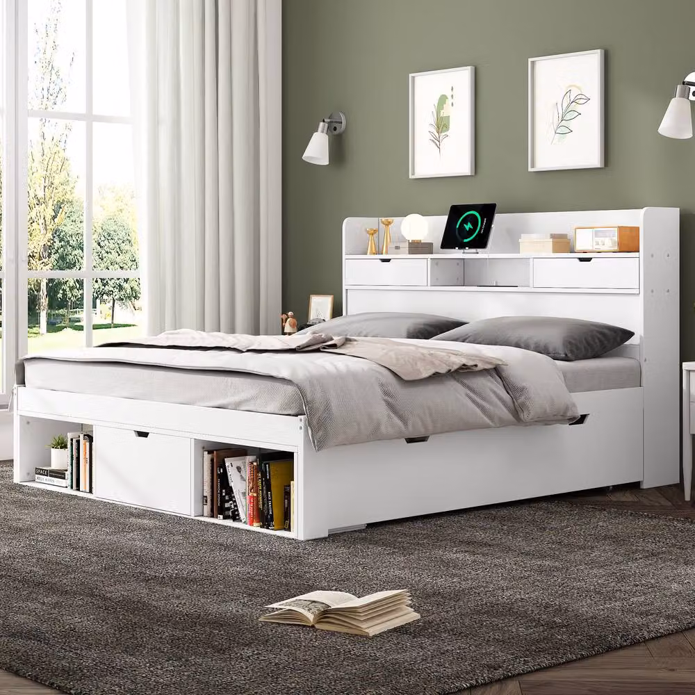 ModernLuxe Kids Double Bed in White with Storage Headboard, Drawers, USB Charging Port and Bedside Shelf, W/D/H: 140 x 190 x 102 cm – 3