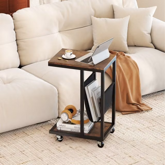 COSTWAY Industrial Wood and Metal Sofa Couch Table in Brown with Castors