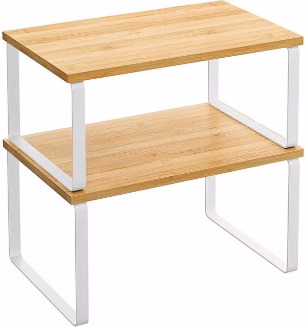 FORGEVIO Set of 2 Expandable White and Multicolour Wood Cupboard Shelf Kitchen Organisers
