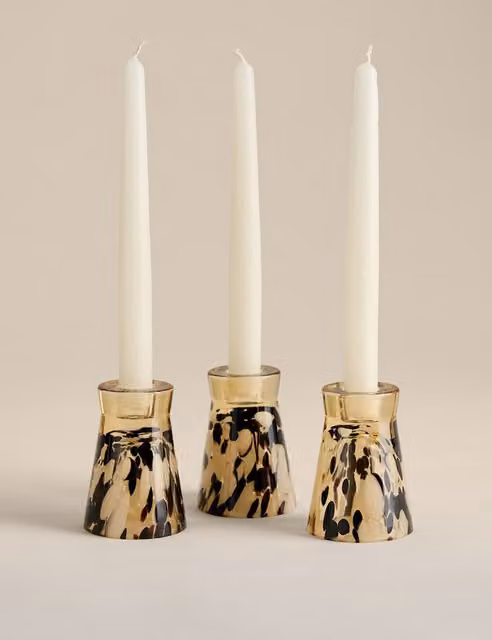 M&S Set of 3 Multicolour Modern Glass Animal Confetti Taper Candle Holders