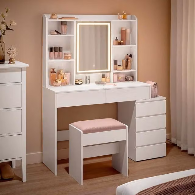 The Bazaarist Modern Hollywood LED Vanity Dressing Table in White, W/D/H: 117.5 x 145 x 60 cm