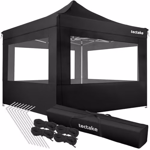 tectake Folding Pop Up Gazebo in Black with Aluminium Frame and Side Panels with Windows, W/D/H: 300 x 300 x 280 cm – 1
