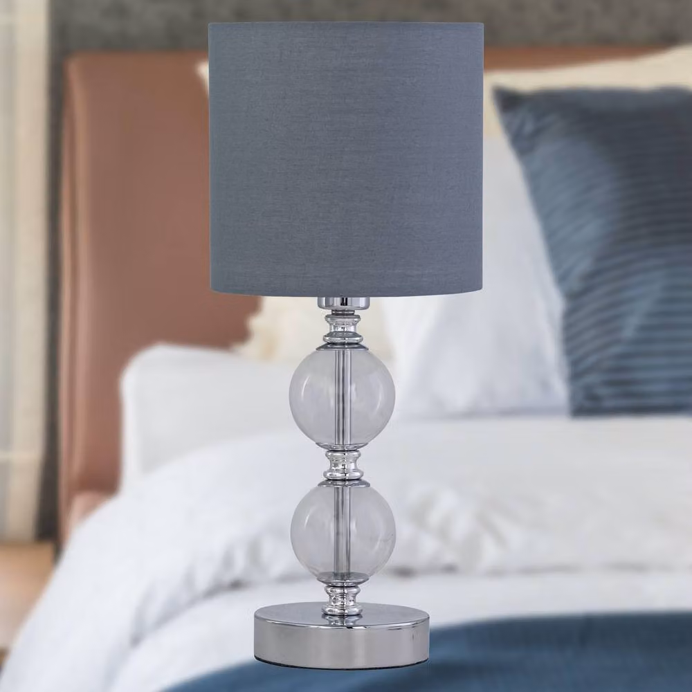 First Choice Lighting Chrome Two Ball Table Lamp with Grey Cotton Shade in Silver – 4