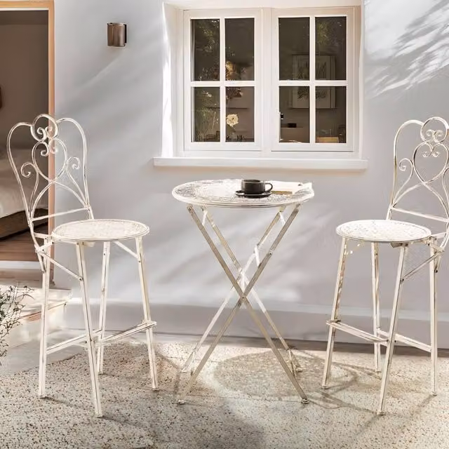 Wyld and Coco Provencal Beige Metal Round Bar Table for 2, W/D/H: 60 x 60 x 90 cm