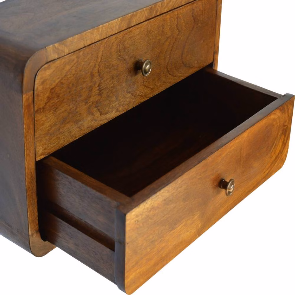 Direct Wicker Solid Wood Floating Curved Chestnut Bedside Table with 2 Drawers in Dark Brown – 3