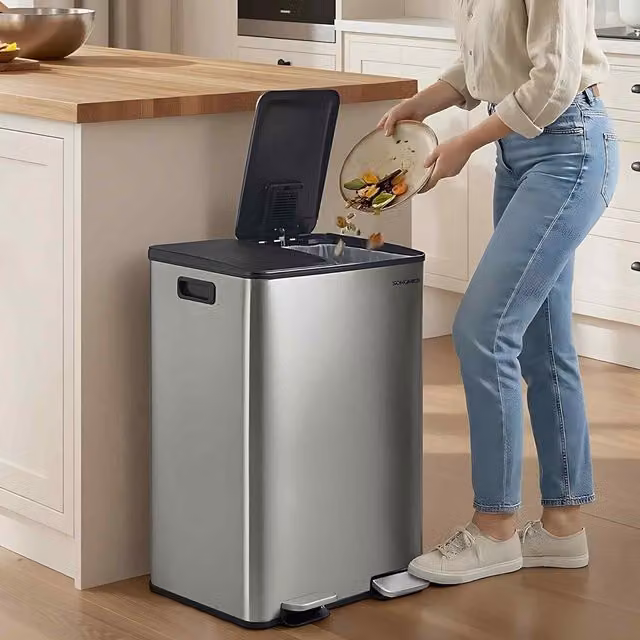 The Bazaarist Dual Compartment Pedal Recycling Kitchen Bin in Silver with Soft Close and Removable Inner Buckets