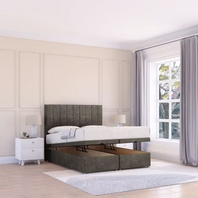 Sloomy Kansas Dumfries Double Fabric Ottoman Bed in Dark Grey with Hybrid Memory Mattress