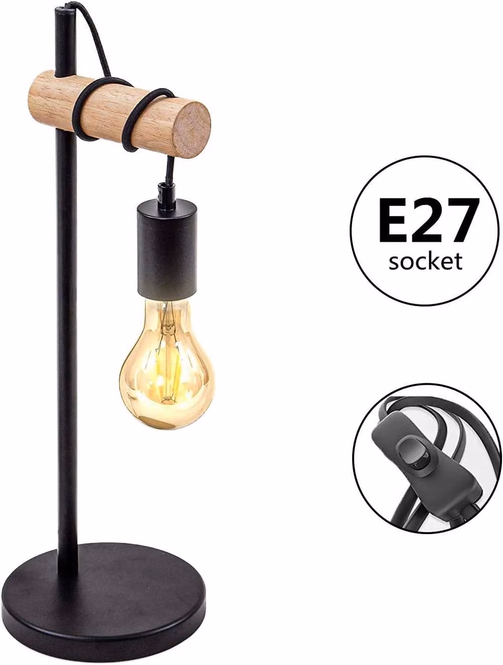 Goeco Retro Table Lamp in Black and Wood with E27 Socket and Rotary Switch, H 46 cm x W 16 cm x D 16 cm – 2