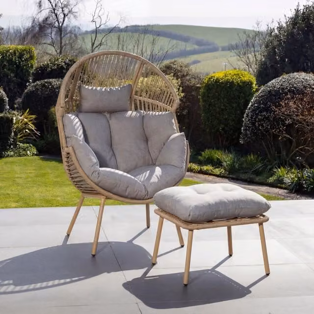 Artemis Home Boho Rattan Egg Lounge Chair with Matching Ottoman in Brown and Beige