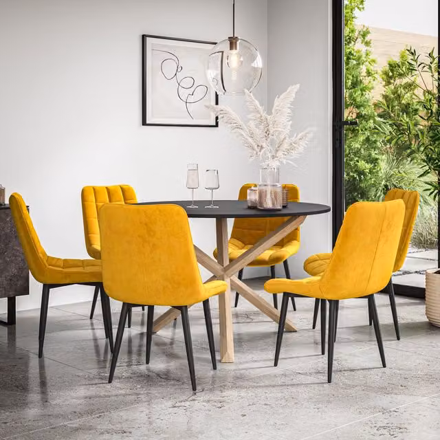 More4Homes Malvern Round Dining Table and 6 Nova Velvet Chairs Set, Black and Yellow – 1