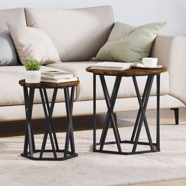 Berkfield Home Set of 2 Round Smoked Oak Nested Side Tables in Brown – 1
