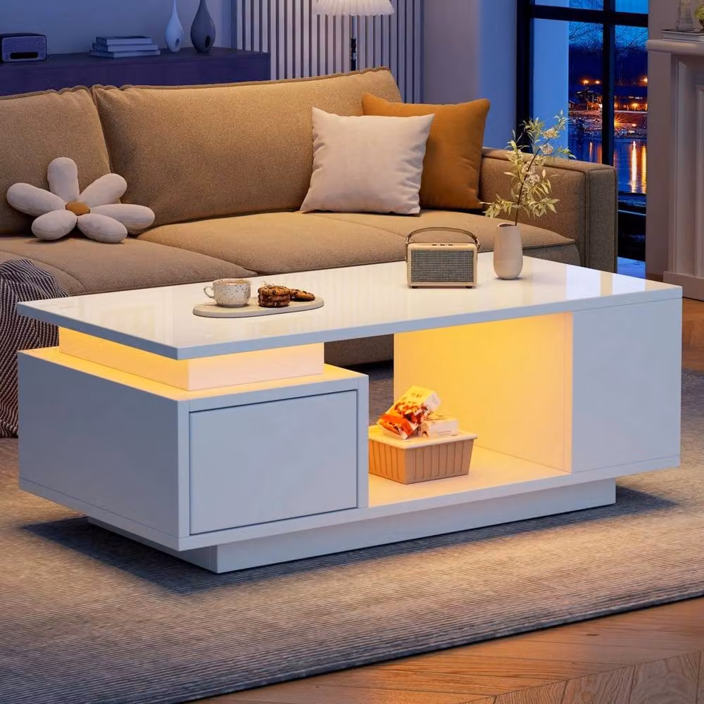 VOGREX Modern White High Gloss LED Coffee Table W: 120 cm, D: 60 cm, H: 6 cm – 2