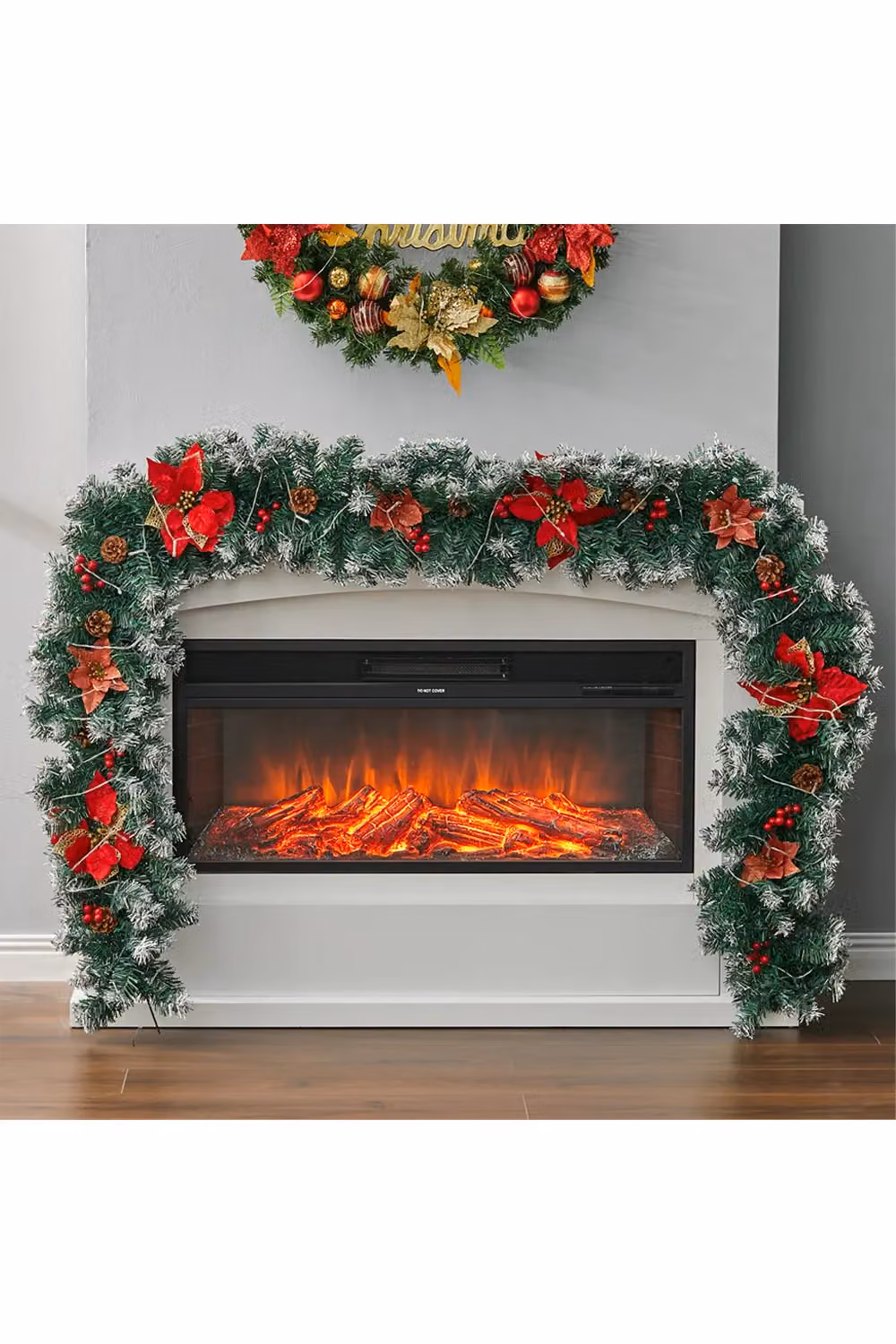 Living and Home 2.7m Christmas Garland with 50 LED Lights, Artificial Spruce with Pine Cones, Red Flowers and Berries in Green – 2