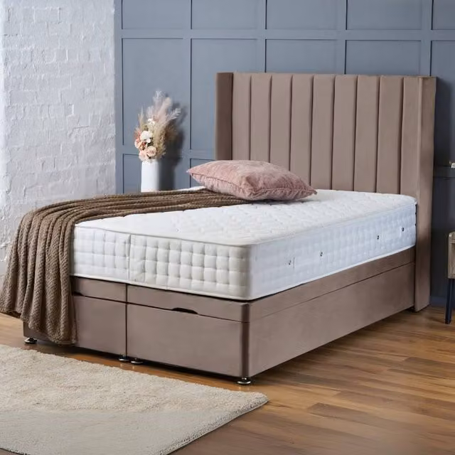 BSSPOKE Hannah Ottoman Divan Bed with 54 inch Headboard in Taupe Beige Plush Velvet, Single, W/D/H: 90 x 190 cm