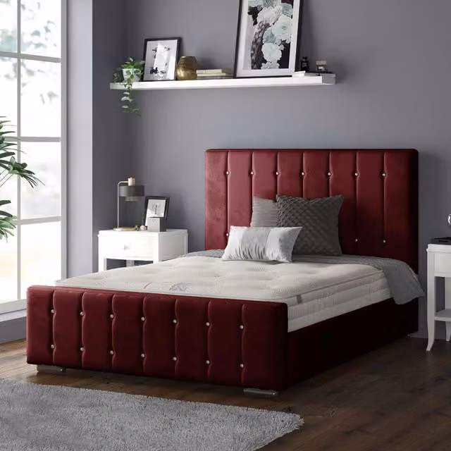 IH Design Upholstered Striped Velvet Bed Frame in Red, W/D/H: 140 x 200 cm