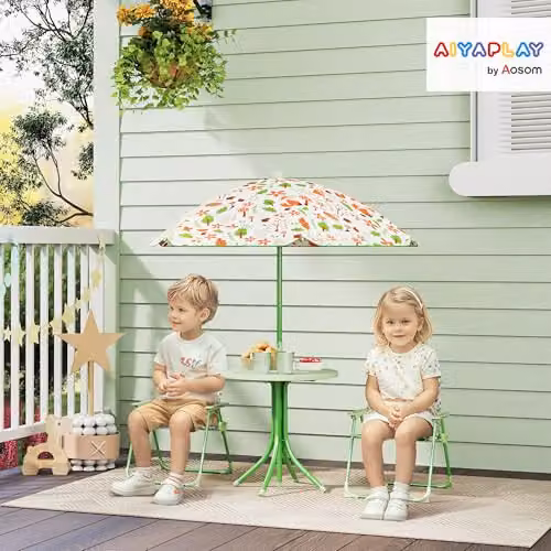AIYAPLAY Kids Garden Table and Chair Set with Parasol, Green, W/D/H: 50 x 49.5 x 38.5 cm – 2
