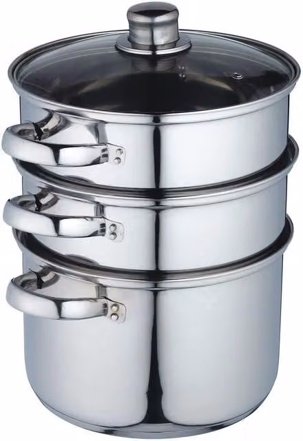 KitchenCraft Stainless Steel Three Tier 22cm Steamer Pot in Grey with Glass Lid – 1