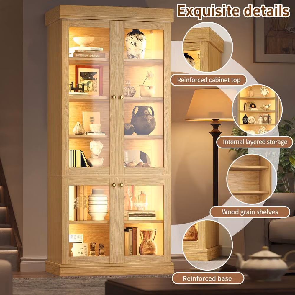 Merax Modern Tall Glass Display Cabinet with Multicolour LED Lighting in Sand Brown, H: 180 cm, W: 50 cm, D: 40 cm – 3