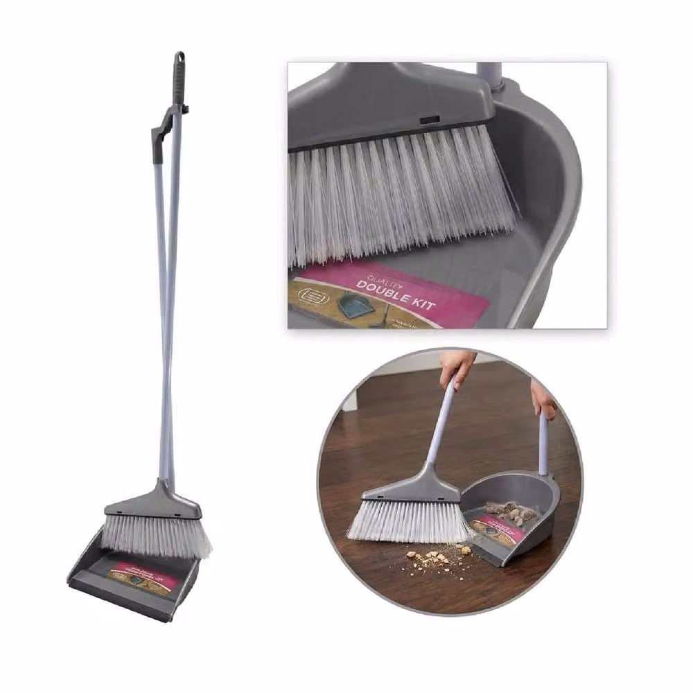 BARGAINS-GALORE Long Handle Dustpan and Brush Set with Soft Bristles in Grey – 3