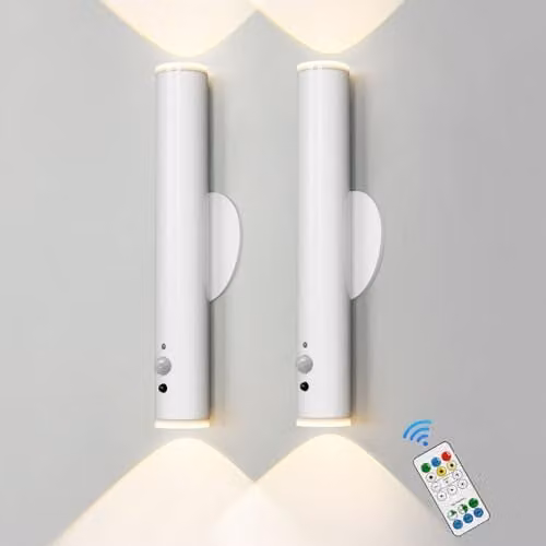 Harper Living Set of 2 White Rechargeable LED Wall Lights with Motion Sensor, Remote Control and Dimmer Function for Bedroom and Hallway
