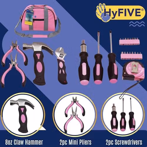Hyfive 25-Piece Pink DIY Tool Kit with Hammer, Pliers and Screwdrivers in a Pink Carry Case – 3