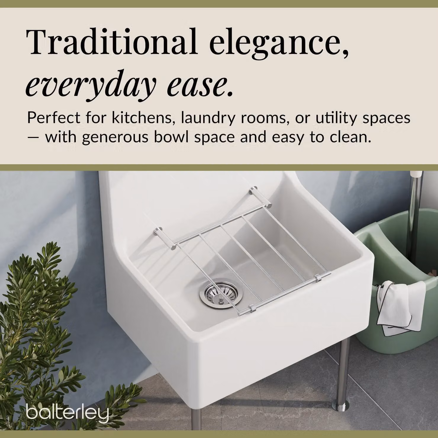 Balterley White Ceramic Single Bowl Kitchen Sink with Grill, W: 51.5 cm, D: 53.5 cm, H: 39.3 cm – 2