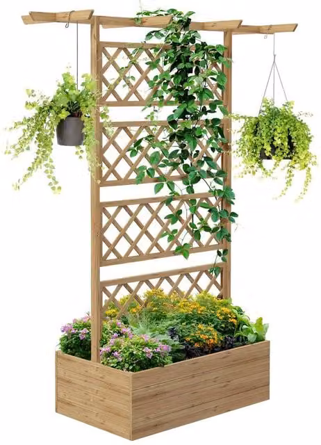FLAVORA Wooden Trellis Raised Garden Bed in Brown and Beige – 1