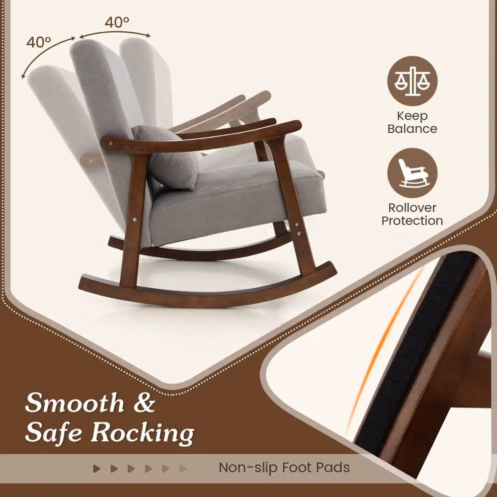 Costway Grey Upholstered Wooden Rocking Accent Chair with Rubberwood Armrests – 4