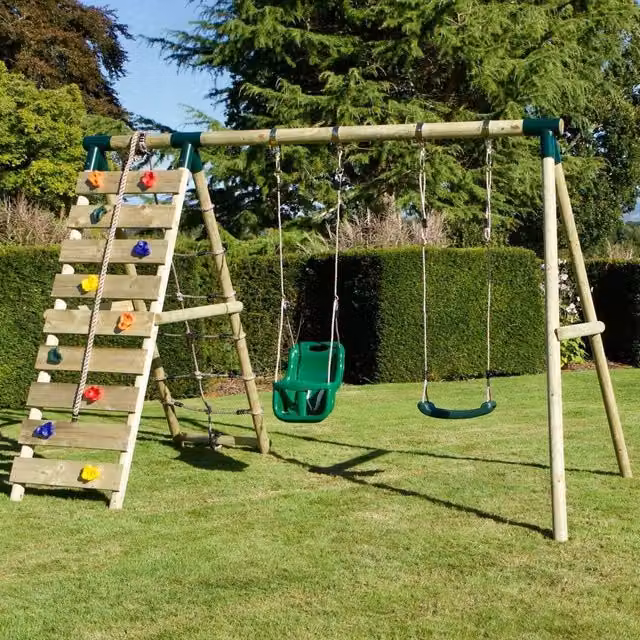 Rebo Kai Wooden Double Swing Set with Baby Seat and Climbing Wall in Green and Brown
