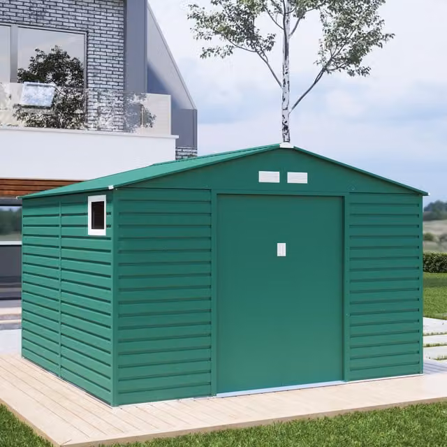 BillyOh Upton Apex Metal Shed in Green with Double Doors, Window and Side Vent