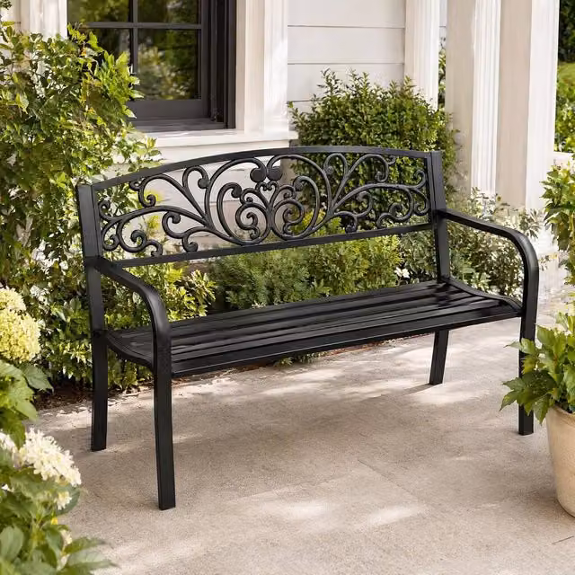STILVORA 2 Seater Garden Bench with Floral Back in Matt Black Metal