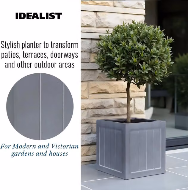 Idealist Square Garden Planter and Faux Lead Outdoor Flower Box in Grey