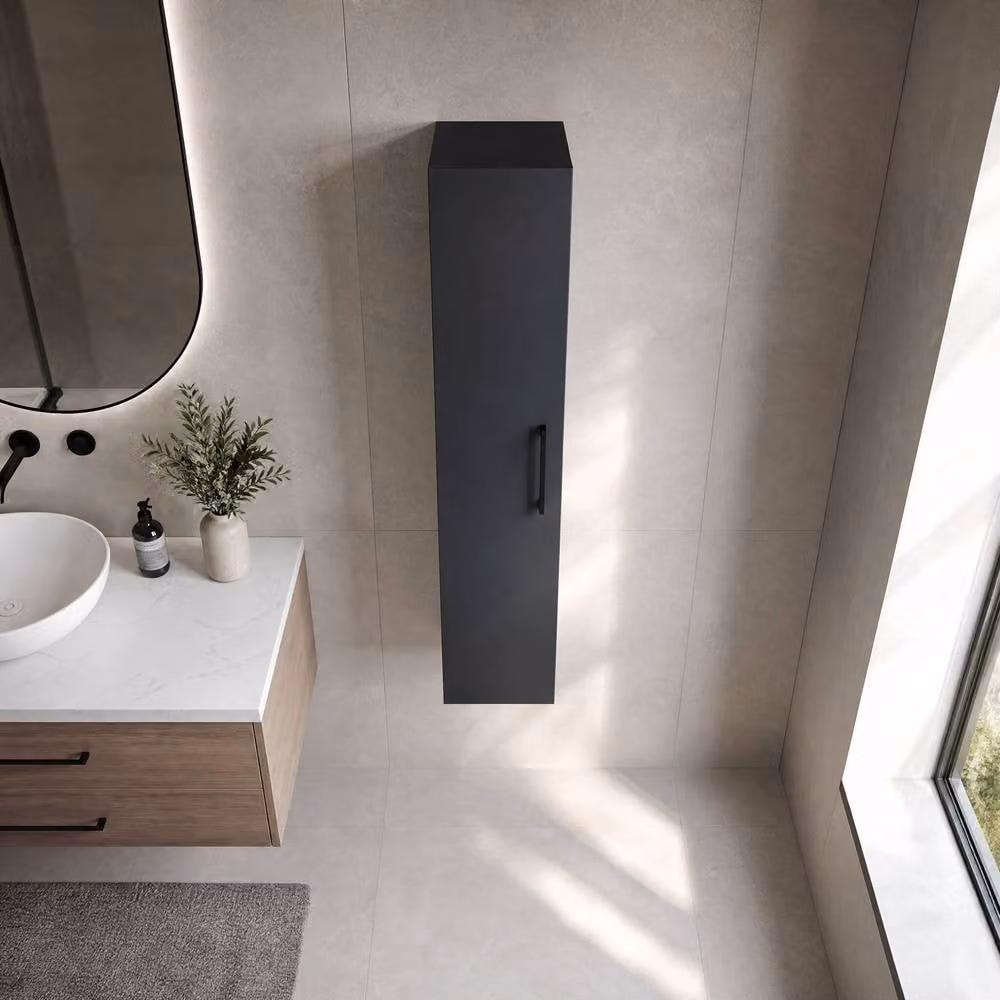 Balterley Modern Wall Hung 1 Door Tall Bathroom Storage Unit in Matt Satin Dark Grey with Black Handle, H x W x D: 143.3 x 30.0 x 23.5 cm – 3