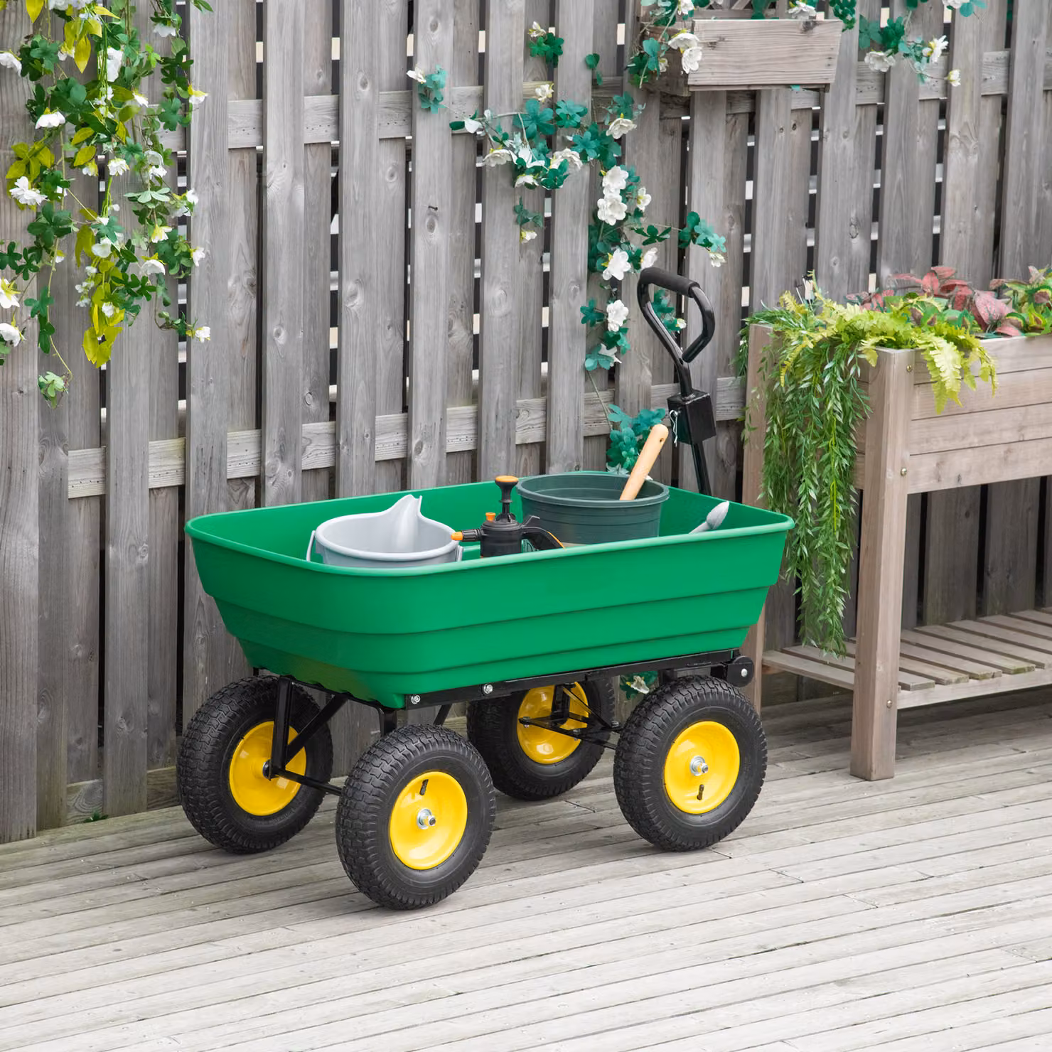 Outsunny 125L Heavy Duty 4 Wheel Garden Trolley Tipping Cart in Green – 2