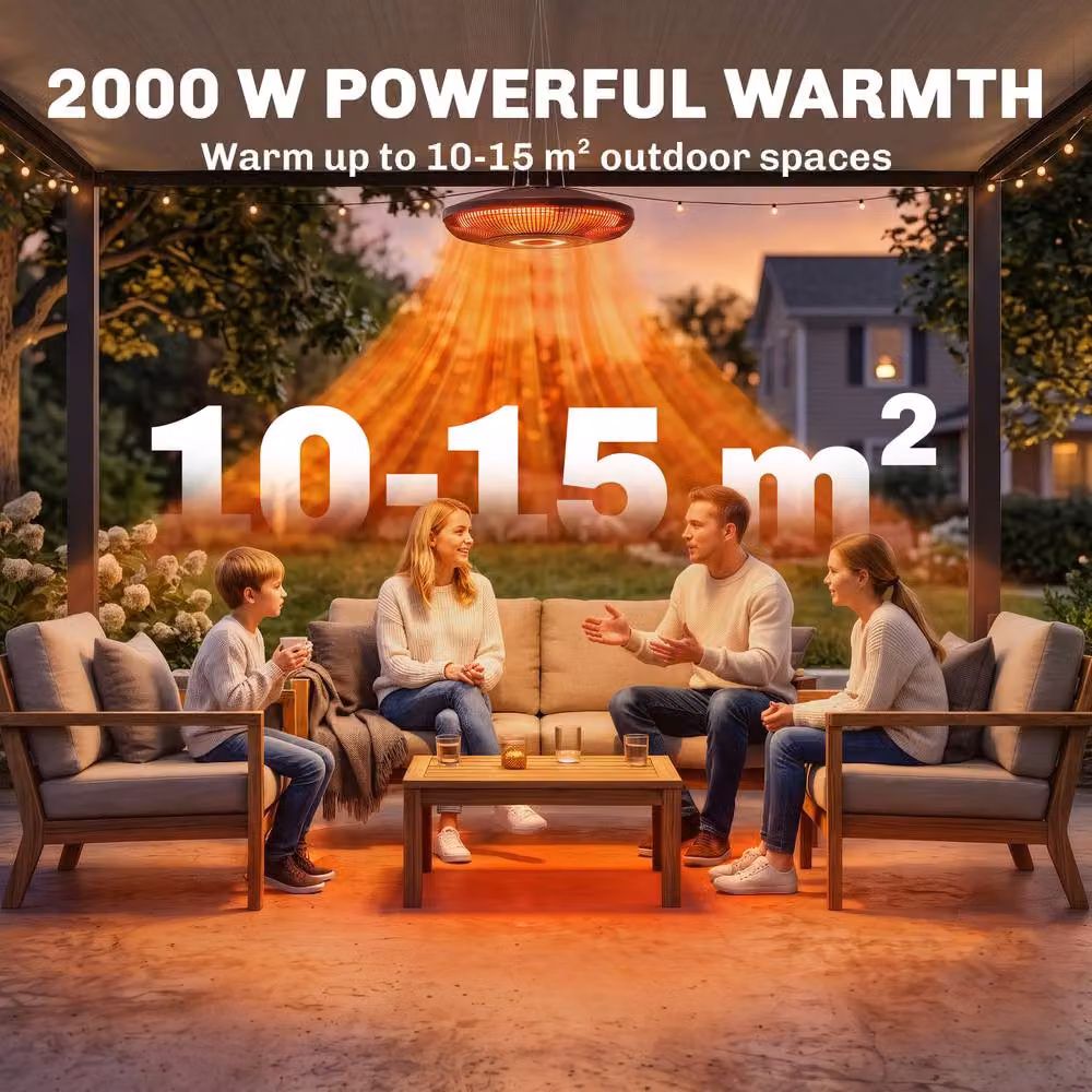 Outsunny Hanging Electric Patio Heater with LED Light, 2000 W IP65 Outdoor Infrared Heater, Black – 3