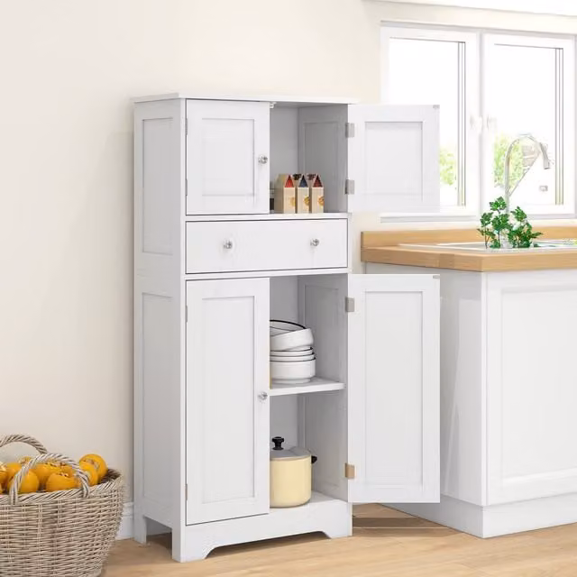 HOMCOM Modern White Freestanding Kitchen Cupboard with Hinged Doors, Drawers and Internal Shelves