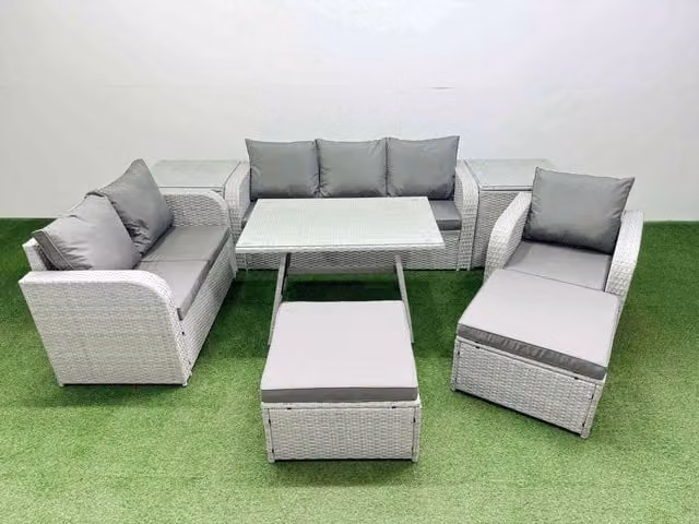 Fimous Patio Dining Table and Chairs Set with Reclining Chair and 2 Side Tables in Light Grey