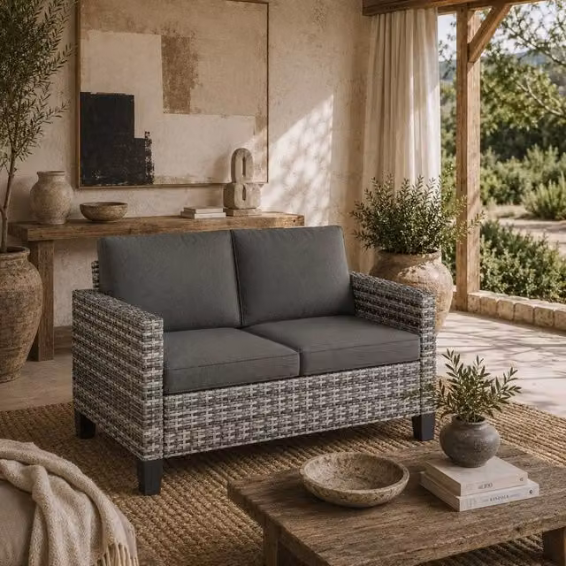Wyld Haus Kalazi 2 Seater Outdoor Rattan Sofa in Grey with Cushions