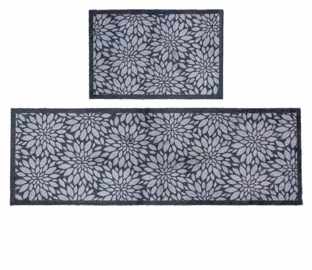 JVL Mega Mat Machine Washable Floral Doormat and Runner in Grey