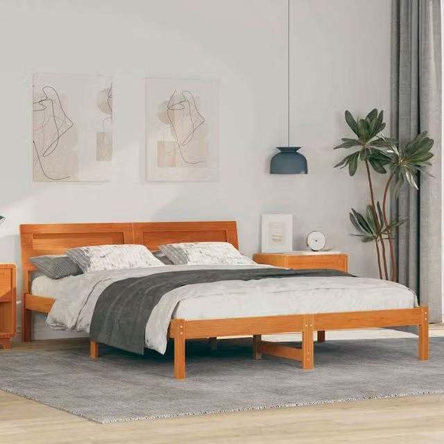 Berkfield Home Modern Bed Frame with Headboard in Wax Brown Solid Pine Wood, W/D/H: 160 x 200 cm