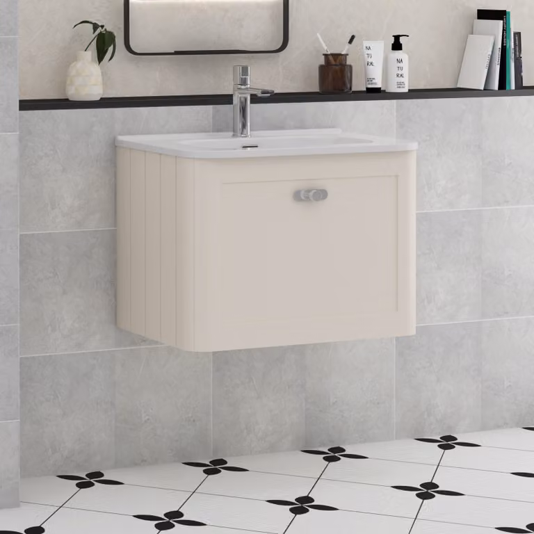 Royal Bathrooms Henley Mushroom Cashmere Wall Hung 1 Drawer Vanity Unit with Optional Basin and Undrilled Worktop