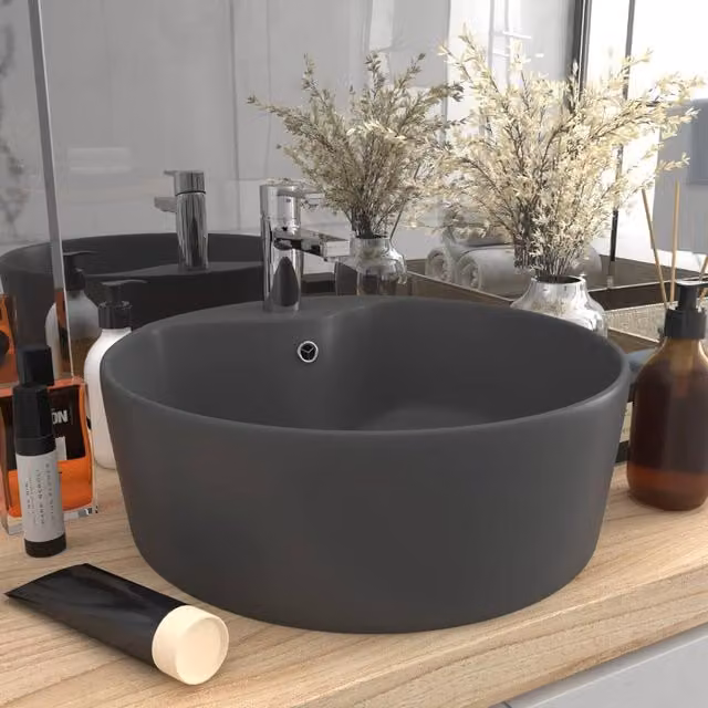 Berkfield Home Luxury Ceramic Round Countertop Wash Basin with Overflow, Matt Dark Grey, W: 36 cm, D: 13 cm