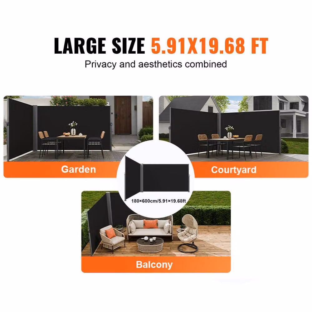 VEVOR Manual Pull Retractable Awning in Black with Aluminium and Polyester Construction, W/D/H: 180.34 x 180.34 x 59.94 cm – 6