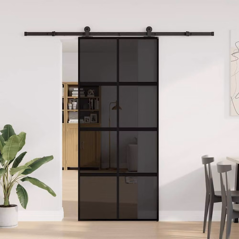 Berkfield Home Industrial Sliding Door with Hardware Set, Black and Transparent Tempered Glass and Aluminium, W: 90 cm, H: 205 cm – 3